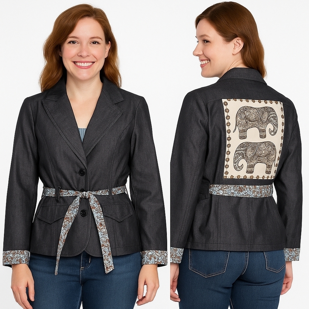 Handcrafted One Of Kind Elephant Themed Denim Jacket Size L